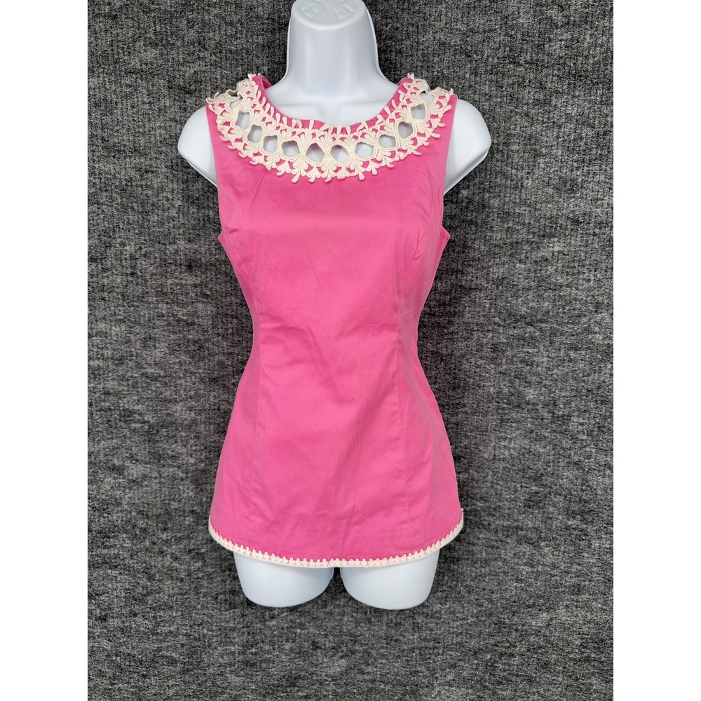 Lilly Pulitzer Tank Top Womens 2 Pink Crochet Trim‎ Sleeveless Tunic Top
